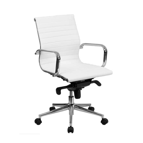 Flash Furniture BT-9826M-WH-GG Mid-Back White Ribbed Leather Executive Swivel Office Chair with Aluminum Arms and Coat Rack