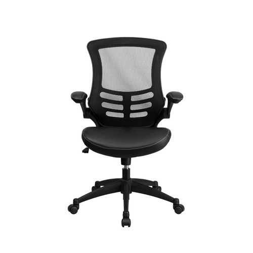 Flash Furniture BL-X-5M-LEA-GG Mid-Back Black Mesh and Leather Office Chair with Flip-Up Arms and Nylon Base